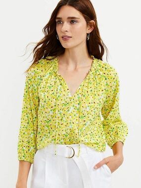 Ann Taylor LOFT Floral Clip Tie Neck 100% Cotton Blouse Ruffle Neckline